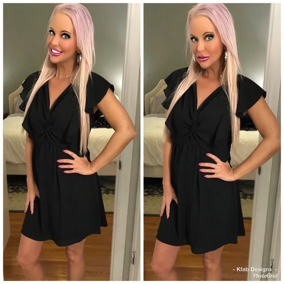 NEW! Gorgeous Black V Neck Ruffle Ruffle Flutter Sleeve Dress