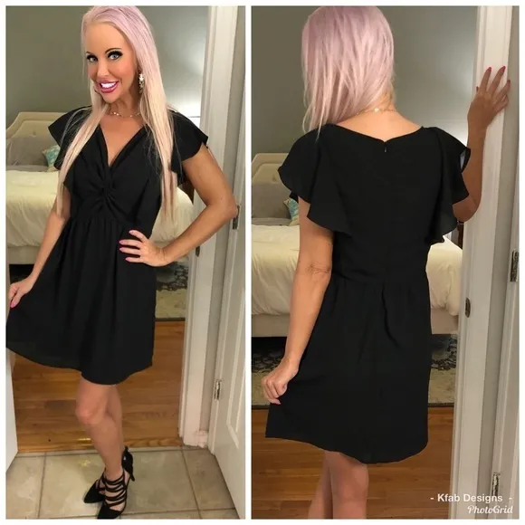 NEW! Gorgeous Black V Neck Ruffle Ruffle Flutter Sleeve Dress
