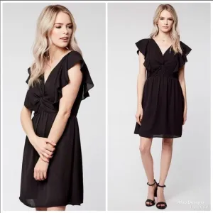 NEW! Gorgeous Black V Neck Ruffle Ruffle Flutter Sleeve Dress
