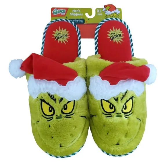 New Grinch Santa Slippers Green Red Plush Christmas House Shoes Men XL 13/14