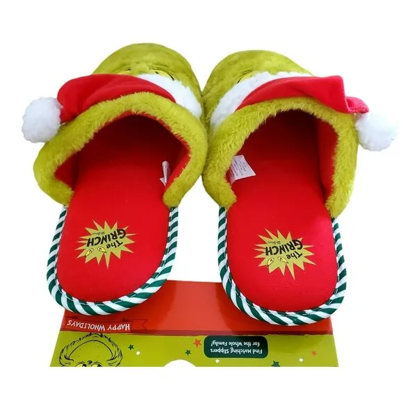 New Grinch Santa Slippers Green Red Plush Christmas House Shoes Men XL 13/14