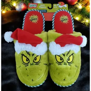 New Grinch Santa Slippers Green Red Plush Christmas House Shoes Men XL 13/14