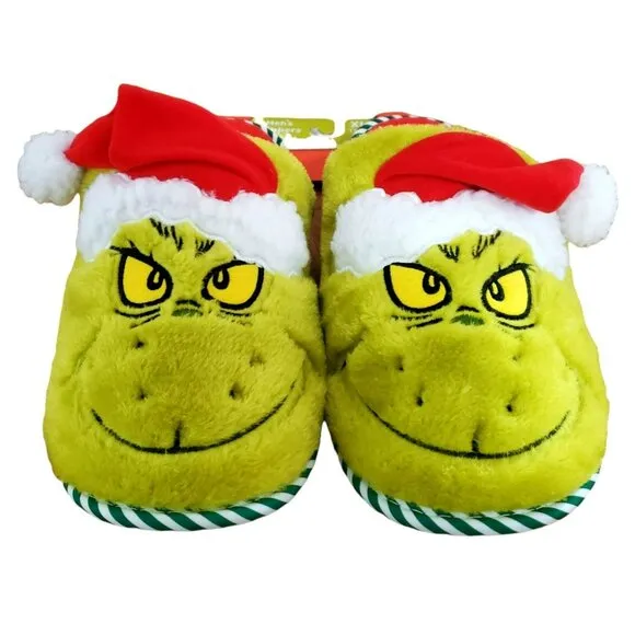 New Grinch Santa Slippers Green Red Plush Christmas House Shoes Men XL 13/14