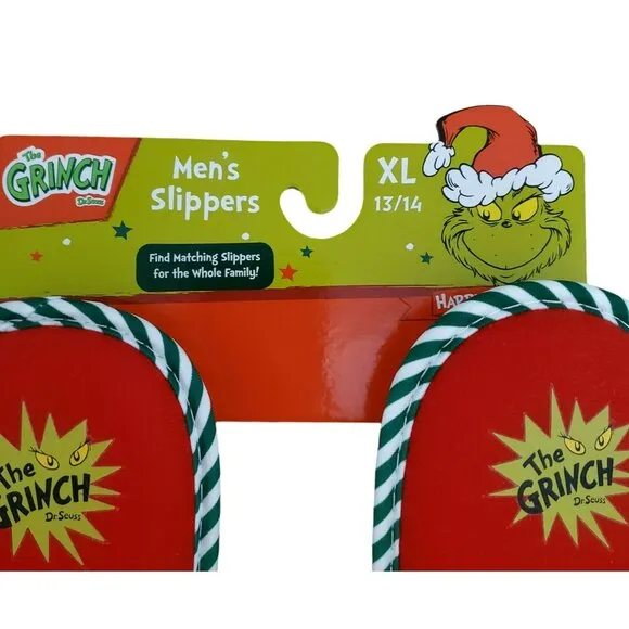 New Grinch Santa Slippers Green Red Plush Christmas House Shoes Men XL 13/14