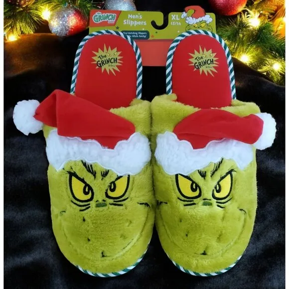 New Grinch Santa Slippers Green Red Plush Christmas House Shoes Men XL 13/14