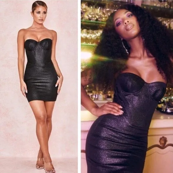 NEW House of CB Eevi Strapless Mini Corset Dress Black Sparkly Wedding Club Date