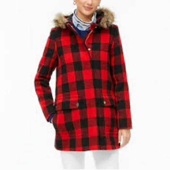 NEW J. Crew Vail Parka Buffalo Plaid Wool BC287 Pea Coat Classic Hooded Faux Fur