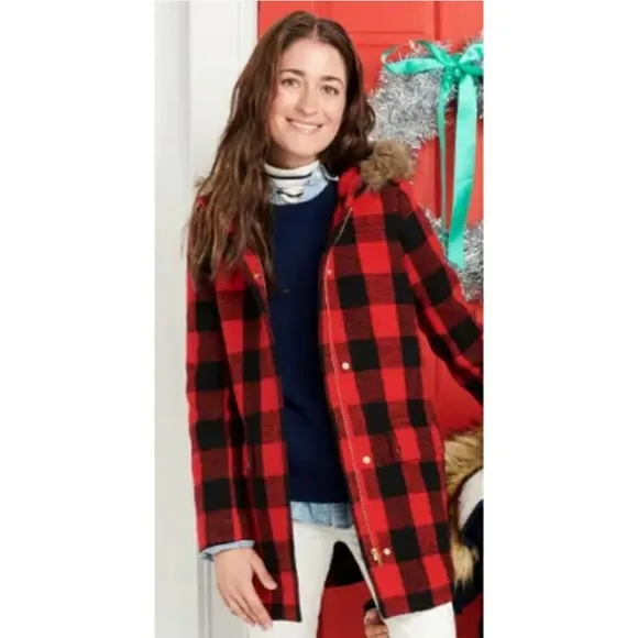 NEW J. Crew Vail Parka Buffalo Plaid Wool BC287 Pea Coat Classic Hooded Faux Fur