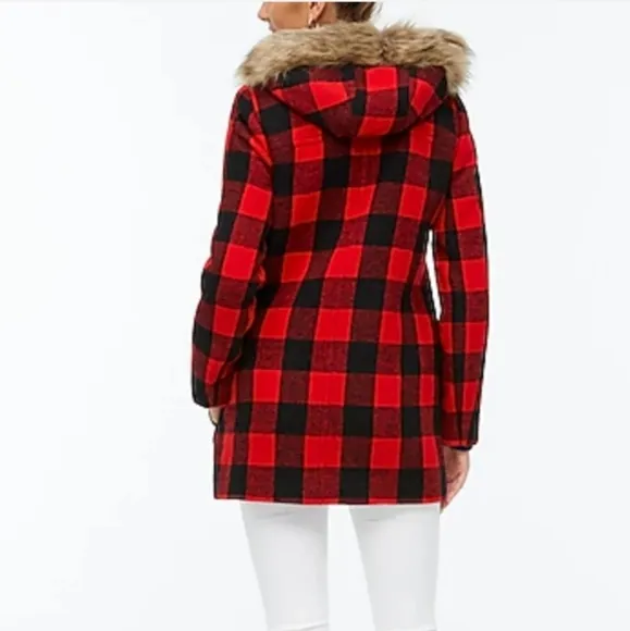 NEW J. Crew Vail Parka Buffalo Plaid Wool BC287 Pea Coat Classic Hooded Faux Fur