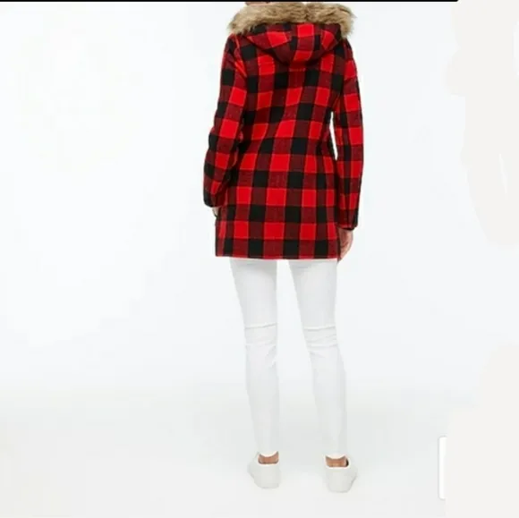NEW J. Crew Vail Parka Buffalo Plaid Wool BC287 Pea Coat Classic Hooded Faux Fur