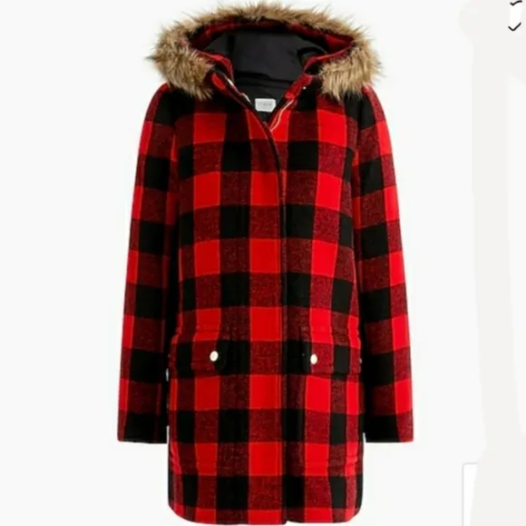 NEW J. Crew Vail Parka Buffalo Plaid Wool BC287 Pea Coat Classic Hooded Faux Fur