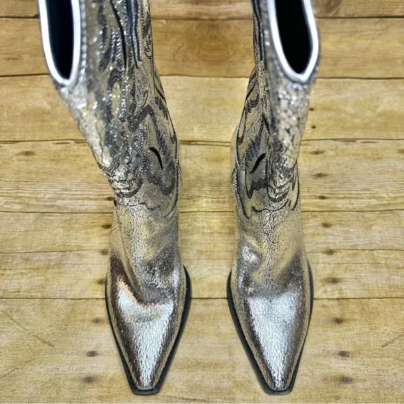NEW Jeffrey Campbell Dagget Western Boot Silver Metallic Crackle Heeled Country