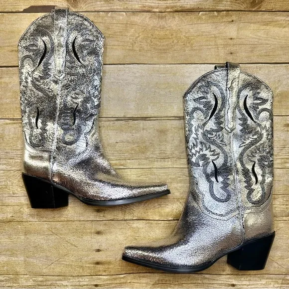 NEW Jeffrey Campbell Dagget Western Boot Silver Metallic Crackle Heeled Country
