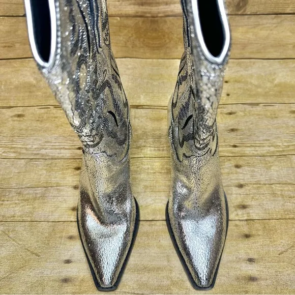 NEW Jeffrey Campbell Dagget Western Boot Silver Metallic Crackle Heeled Country