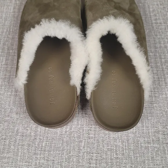NEW Jenni Kayne Shearling Lined Moc Clogs Green Suede Mules EU 38 US 8 Shoes