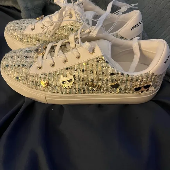 NEW Karl Lagerfeld Paris Pins Lace Up Sneaker SZ 8.5 sequins tweed shoes