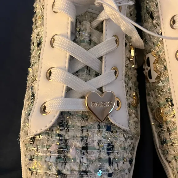 NEW Karl Lagerfeld Paris Pins Lace Up Sneaker SZ 8.5 sequins tweed shoes