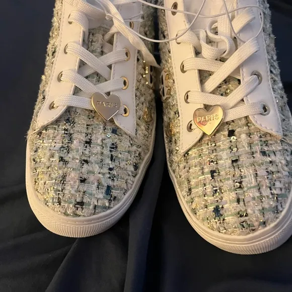 NEW Karl Lagerfeld Paris Pins Lace Up Sneaker SZ 8.5 sequins tweed shoes