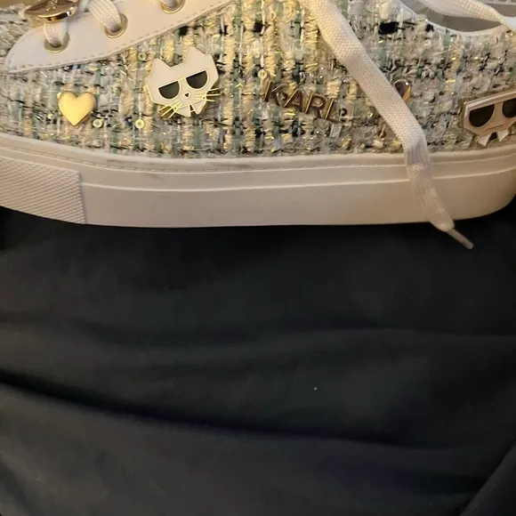 NEW Karl Lagerfeld Paris Pins Lace Up Sneaker SZ 8.5 sequins tweed shoes