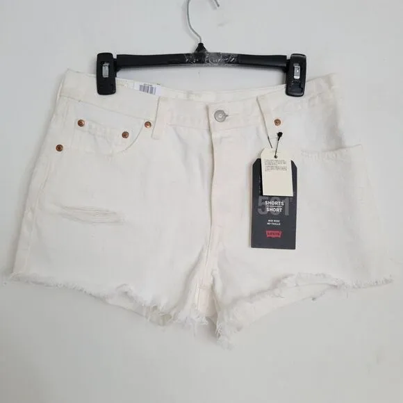 NEW Levi's Premium Mid Rise 501 Relaxed White Button Fly Distressed Shorts Sz 29