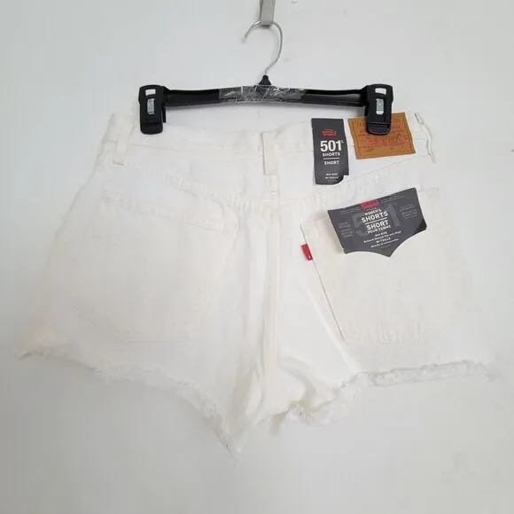 NEW Levi's Premium Mid Rise 501 Relaxed White Button Fly Distressed Shorts Sz 29