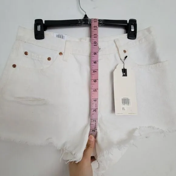 NEW Levi's Premium Mid Rise 501 Relaxed White Button Fly Distressed Shorts Sz 29