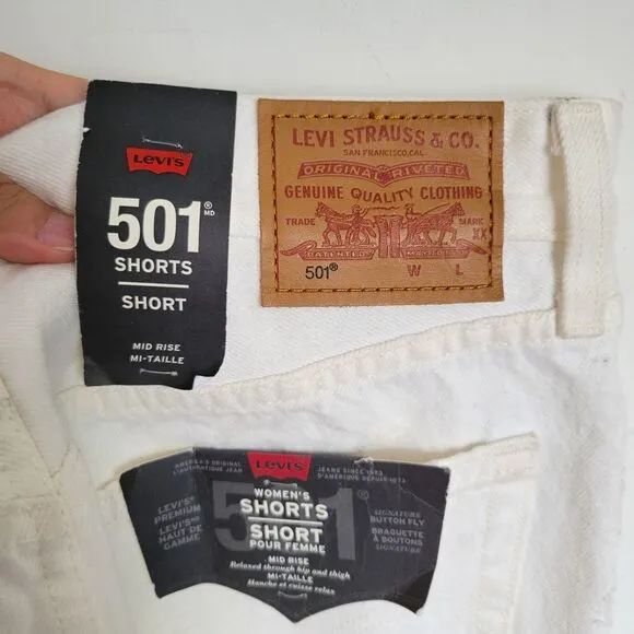 NEW Levi's Premium Mid Rise 501 Relaxed White Button Fly Distressed Shorts Sz 29