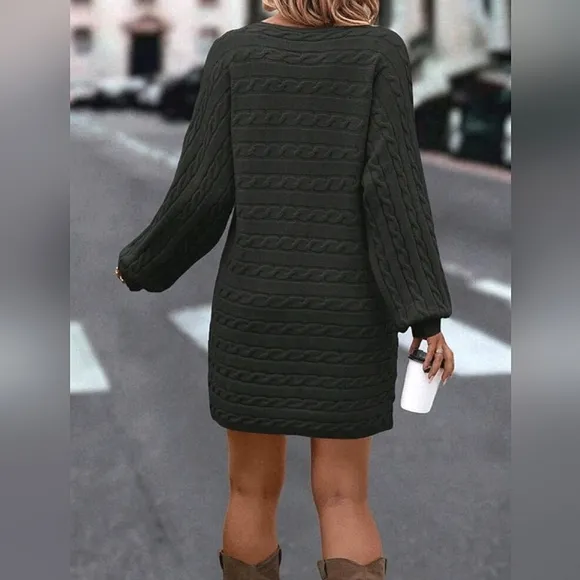 New Luxe Cable Knit Sweater Dress Mini Black