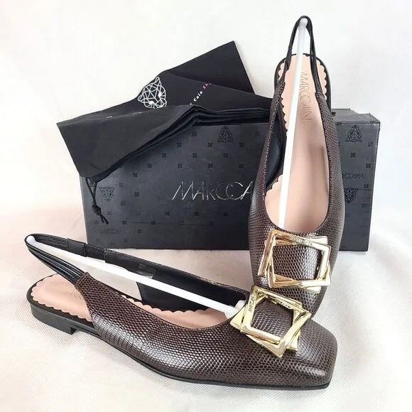 New MARC CAIN Women's (7.5) Dark Brown Leather Sling Back Dress Flat Shoes