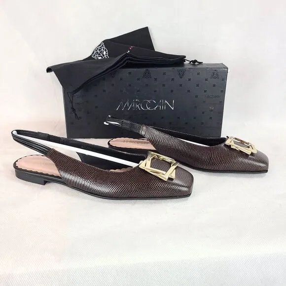 New MARC CAIN Women's (7.5) Dark Brown Leather Sling Back Dress Flat Shoes