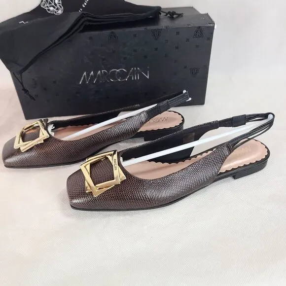 New MARC CAIN Women's (7.5) Dark Brown Leather Sling Back Dress Flat Shoes