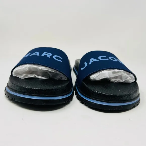 NEW! Marc Jacobs The Slide Logo Embossed Navy Blue - 9