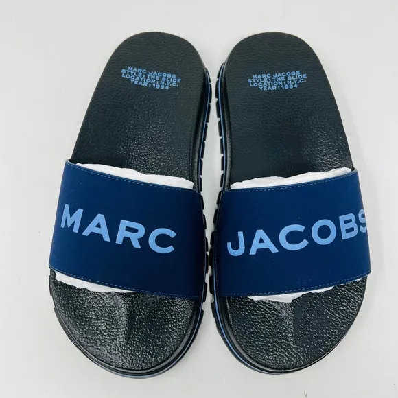 NEW! Marc Jacobs The Slide Logo Embossed Navy Blue - 9