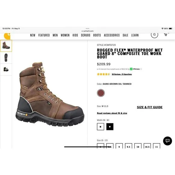New! Mens Carhartt Rugged Flex WP Met Guard 8&quot; Comp Toe Work Boots. Size 12 Wide