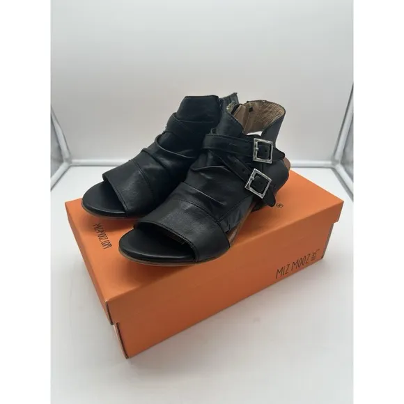 New Miz Mooz Cassius Leather Heeled Sandal Adjustable Strap Black EU 38 US 7.5-8