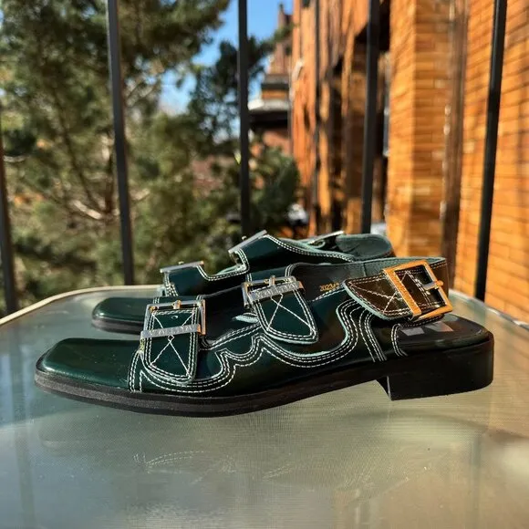 New Mutma Free People Kaita Buckle Sandals Leather Shoes Chunky Heel Green