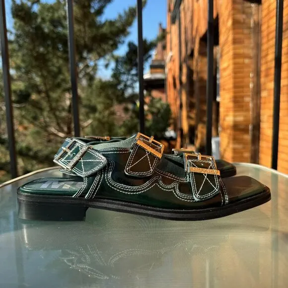 New Mutma Free People Kaita Buckle Sandals Leather Shoes Chunky Heel Green