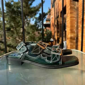 New Mutma Free People Kaita Buckle Sandals Leather Shoes Chunky Heel Green