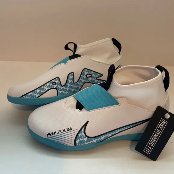 New Nike Air Zoom Mercurial White Blue Soccer Shoes Flat Sock 6Y Kid DJ5615-146