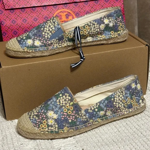 New NWT Joules shelbury 7 slip on shoe 38 espadrille floral print blue tan white