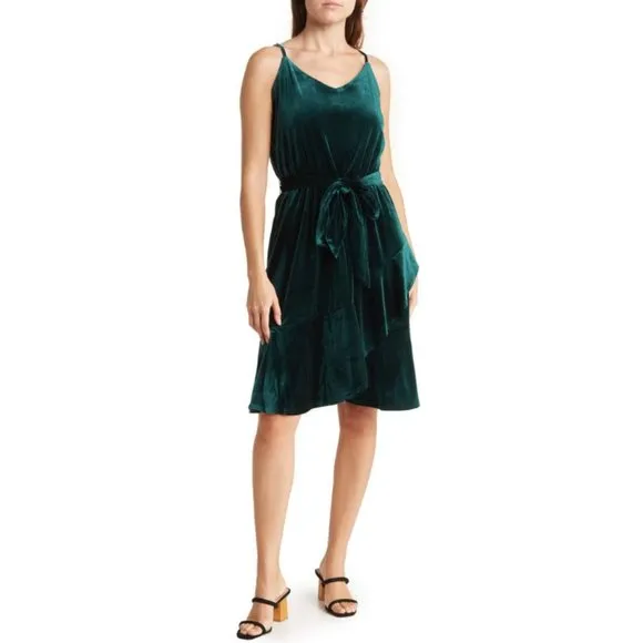 New! Rachel Zoe Green Velvet Cascade Ruffle Hem Cocktail Dress Women's Size XL