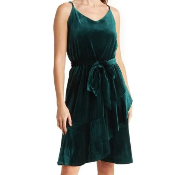 New! Rachel Zoe Green Velvet Cascade Ruffle Hem Cocktail Dress Women's Size XL