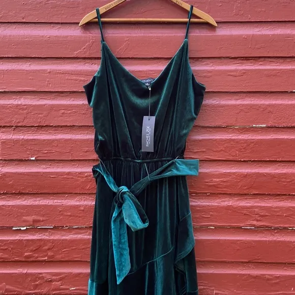 New! Rachel Zoe Green Velvet Cascade Ruffle Hem Cocktail Dress Women's Size XL