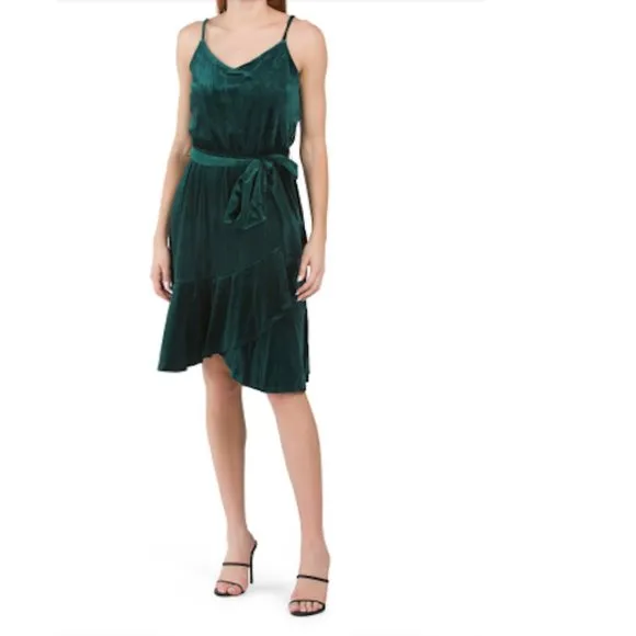 New! Rachel Zoe Green Velvet Cascade Ruffle Hem Cocktail Dress Women's Size XL