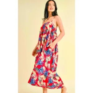 NEW! Red Floral Fully Lined Adjustable Straps Back Smocking Pocket Dress!