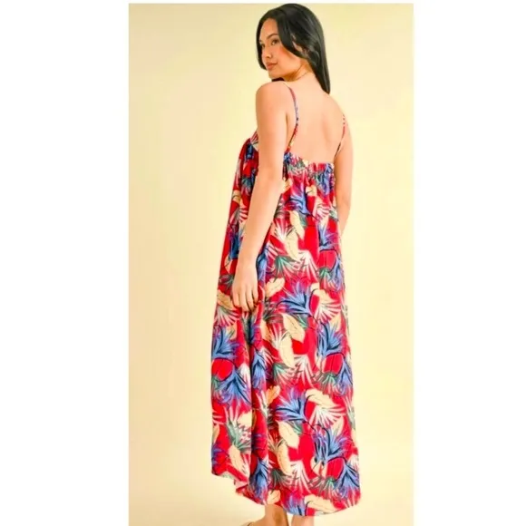NEW! Red Floral Fully Lined Adjustable Straps Back Smocking Pocket Dress!