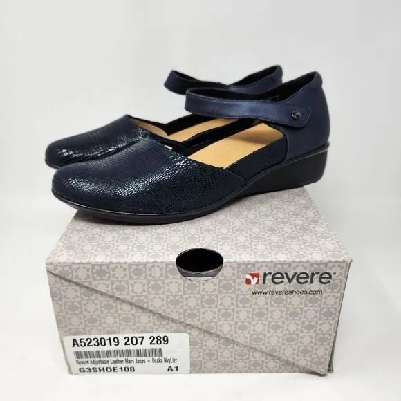 New Revere Osaka Adjustable Leather Mary Janes Shoes Navy Lizard Print Size 11