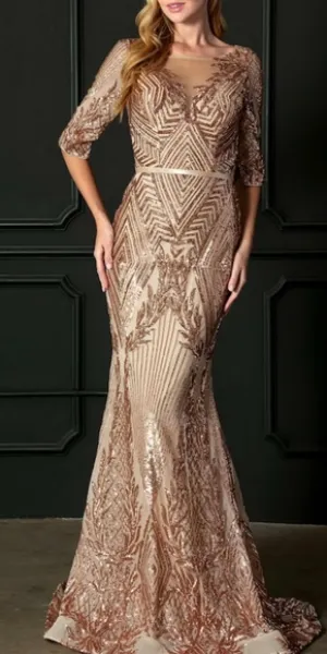 New rose gold 3/4 sleeve sequin mermaid gown