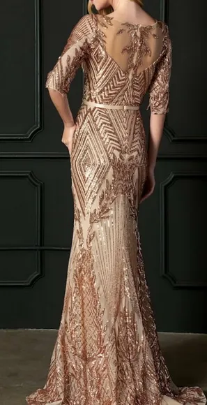 New rose gold 3/4 sleeve sequin mermaid gown