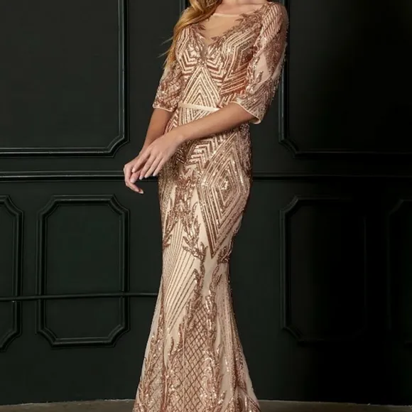 New rose gold 3/4 sleeve sequin mermaid gown